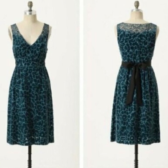 ANTHROPOLOGIE MOULINETTE SOEURS Matilija Teal Silk & Velvet Burnout Dress Sz 2 - Picture 1 of 11